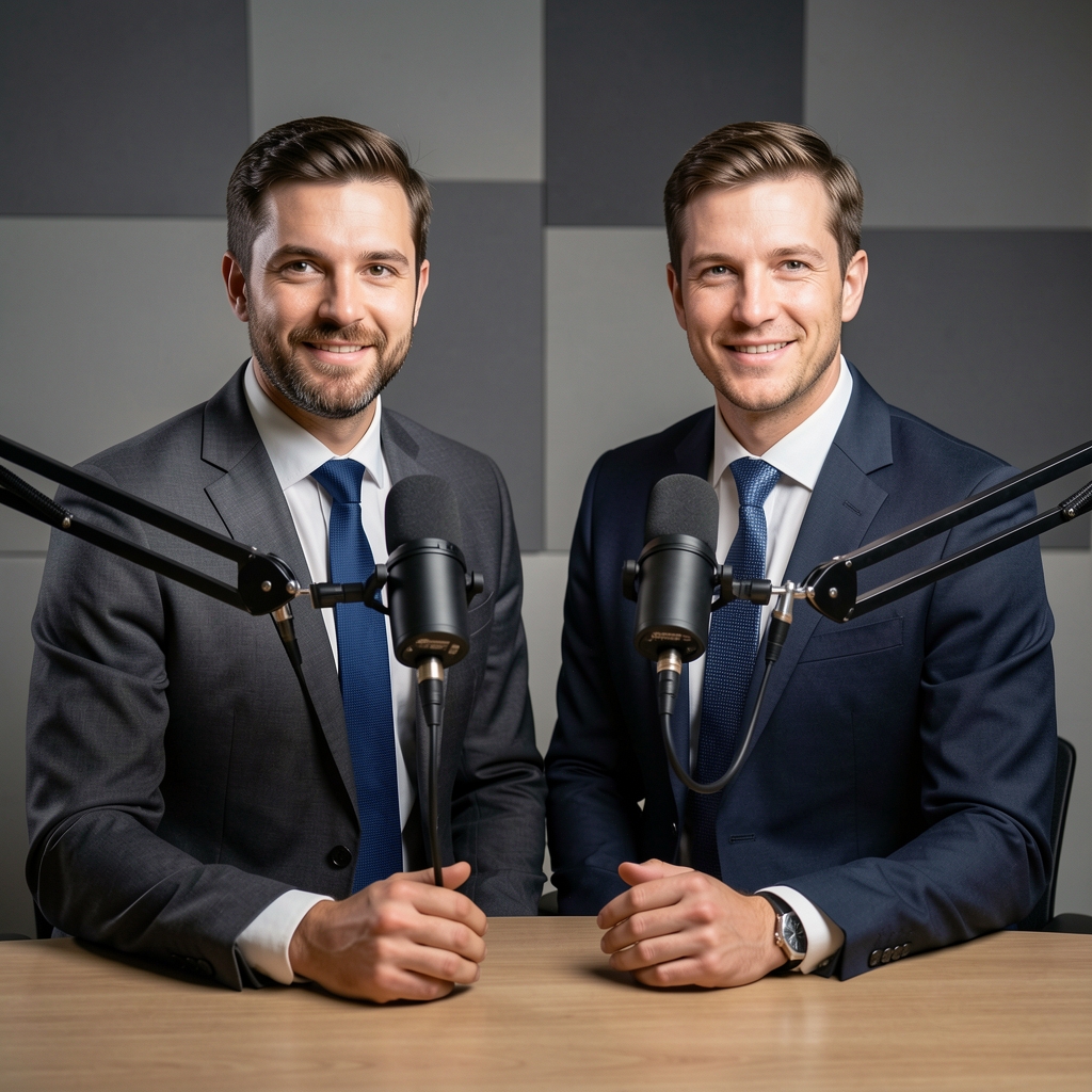 Студийное фото ведущих подкаста InvestTalk — двое мужчин в деловых костюмах за столом с микрофонами